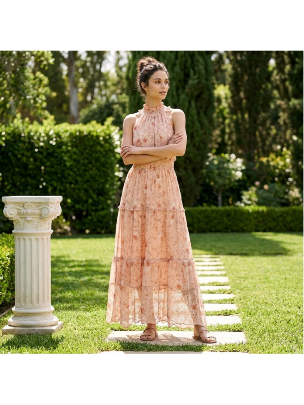 Boho Cottage KATE and LILY Sheer Lined Peach Floral Halter Neck Maxi Dress